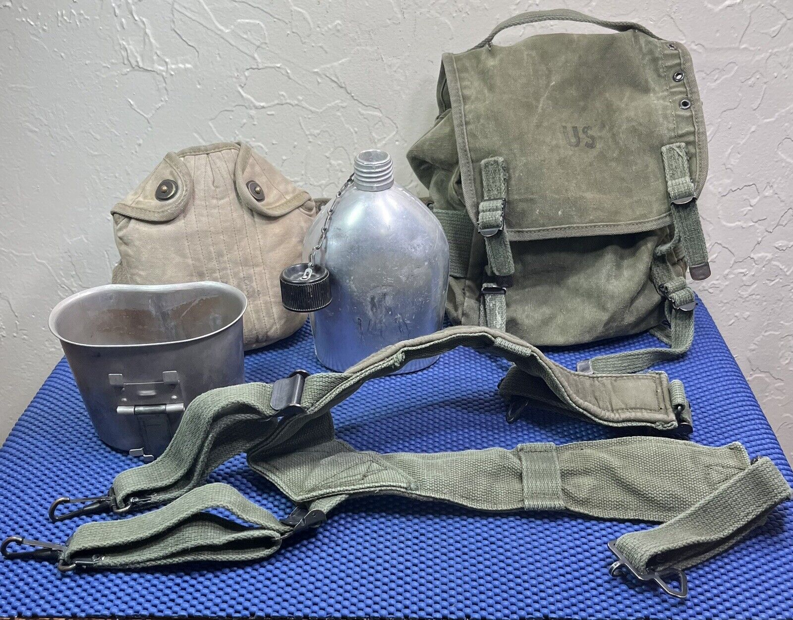 Vintage US Army Military M-1956 Field Pack, Aluminum Canteen, Suspenders, Belt,+