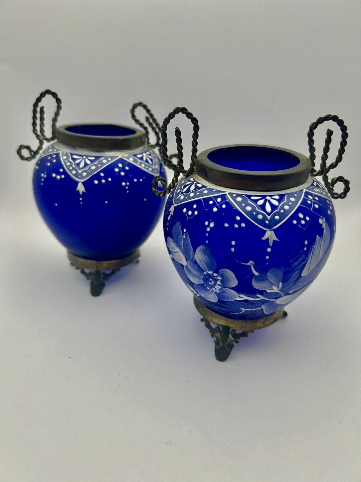 Antique, Two Small Vases, Brass Accents, Cobalt Blue, HandPainted Flowers, 5”