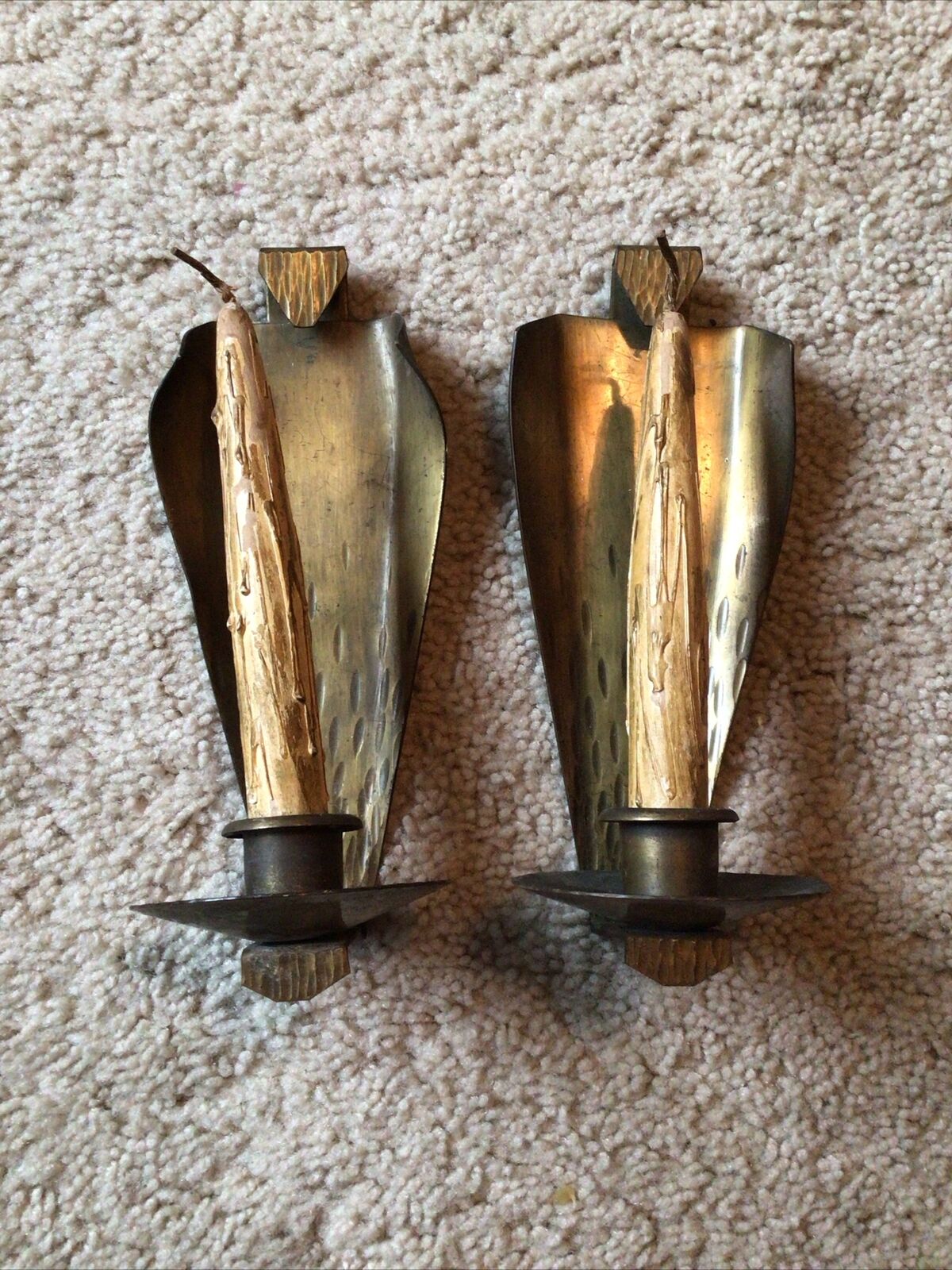 2 Roycroft Arts & Crafts Hammered Brass Candle Wall Sconces, with Wooden Candles