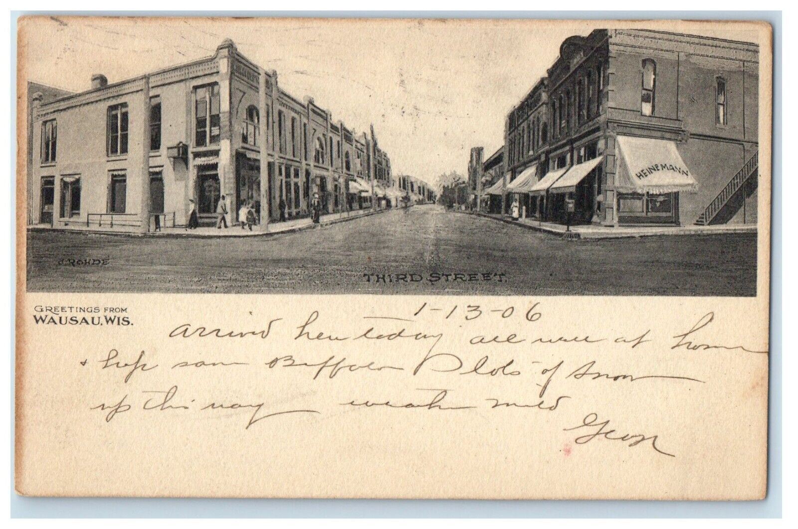 1906 Greetings From Wausau Wisconsin WI, Third Street Heinmann Antique Postcard