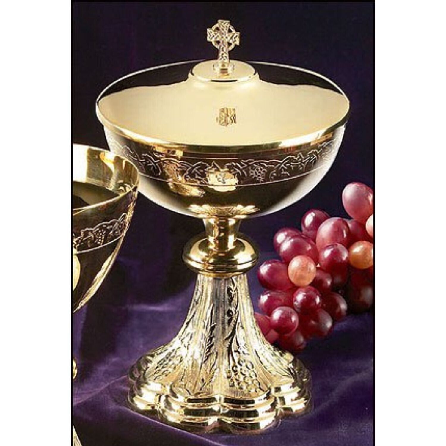 Orthodox Gold Plate Grapes and Wheat Celtic Cross Top Ciborium Set 9 1/2 In