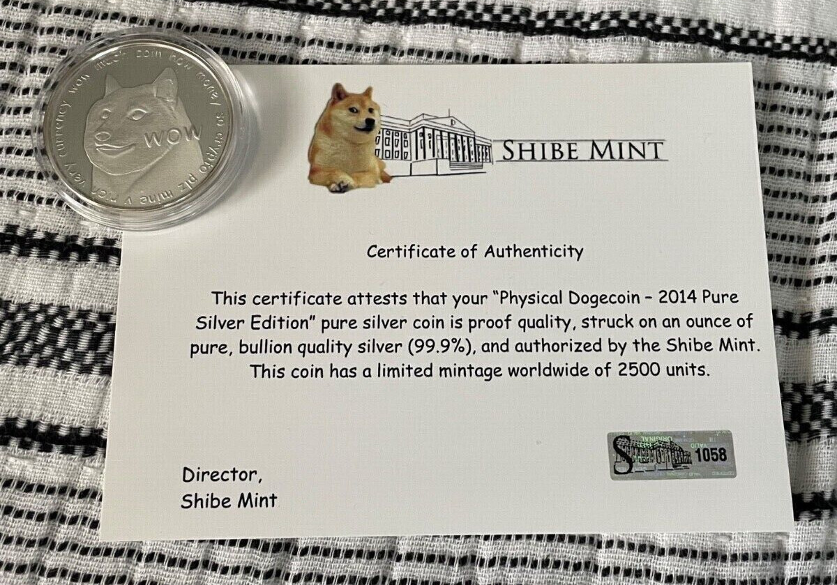 2014 Dogecoin Doge Silver Coin Round 1oz Shibe Mint Crypto COA #1058