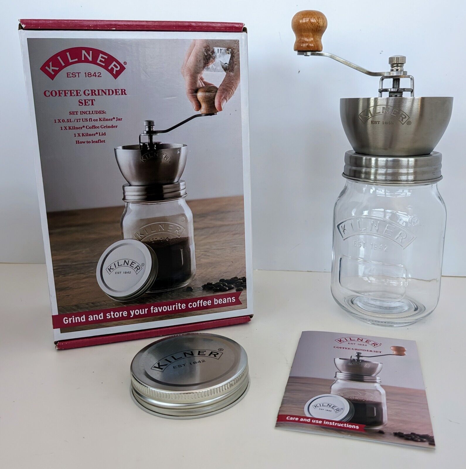 Kilner Manual Coffee Grinder Set w/ Glass Storage Jar 