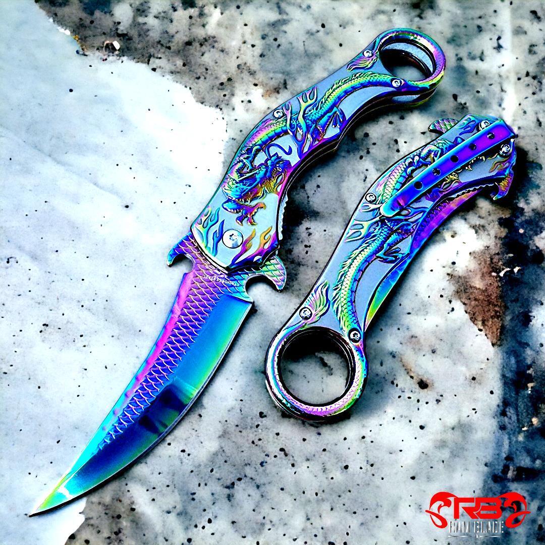 9”Rainbow Engraved Dragon Curved Spring Assisted Open Blade Folding Pocket Knife