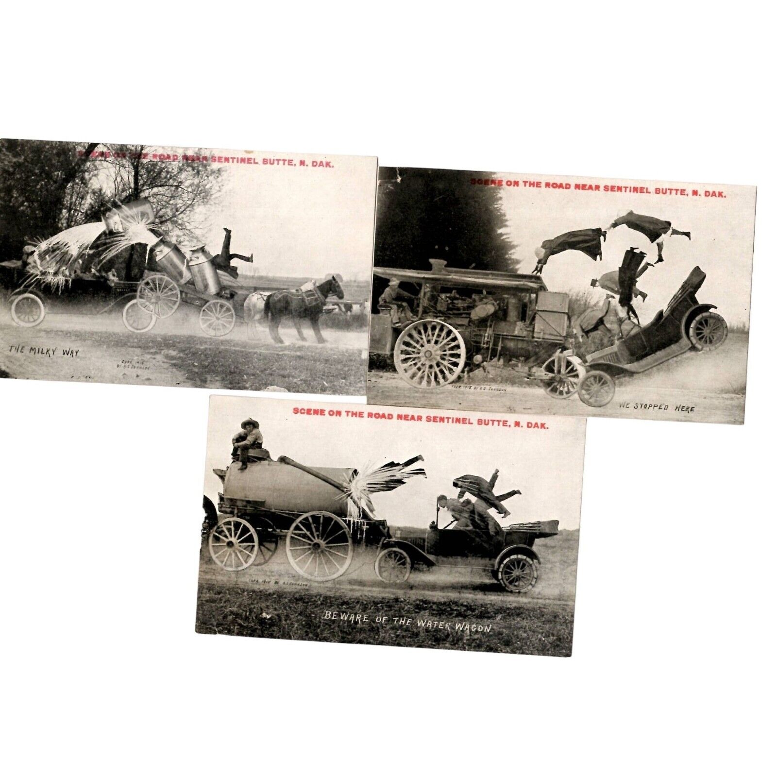 1915 Exaggerated 3 Postcard Sentinel Butte N.D. A.S Johnson Comic Car Crash