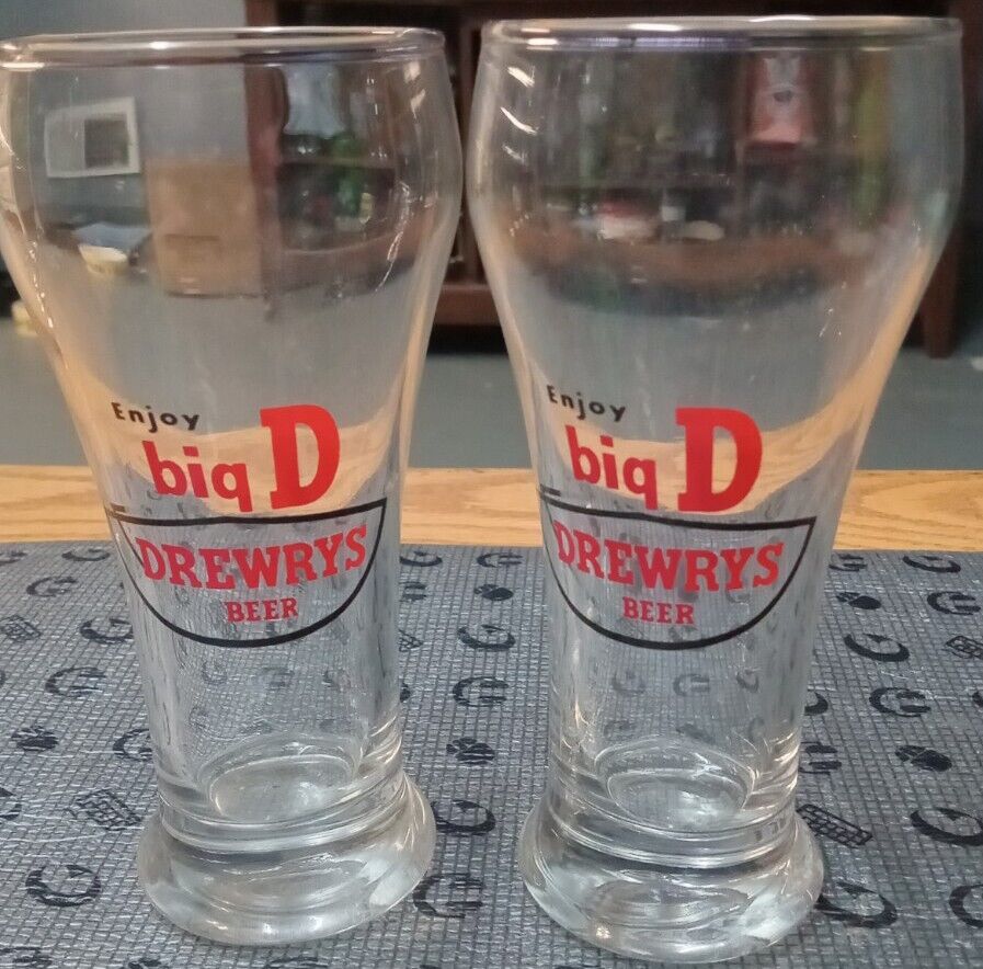 2-VINTAGE DREWRYS BIG D BEER Sham GLASS DREWRY BREWING CO SOUTH BEND IN 5 3/8\