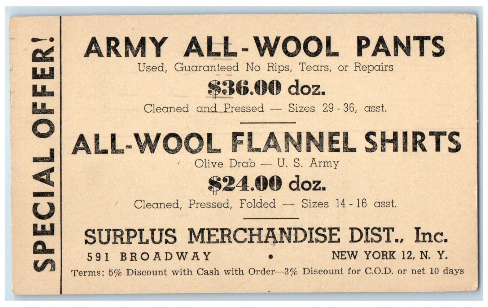 1947 Army All-Wool Pants Surplus Merchandise Dist Inc New York NY Postal Card
