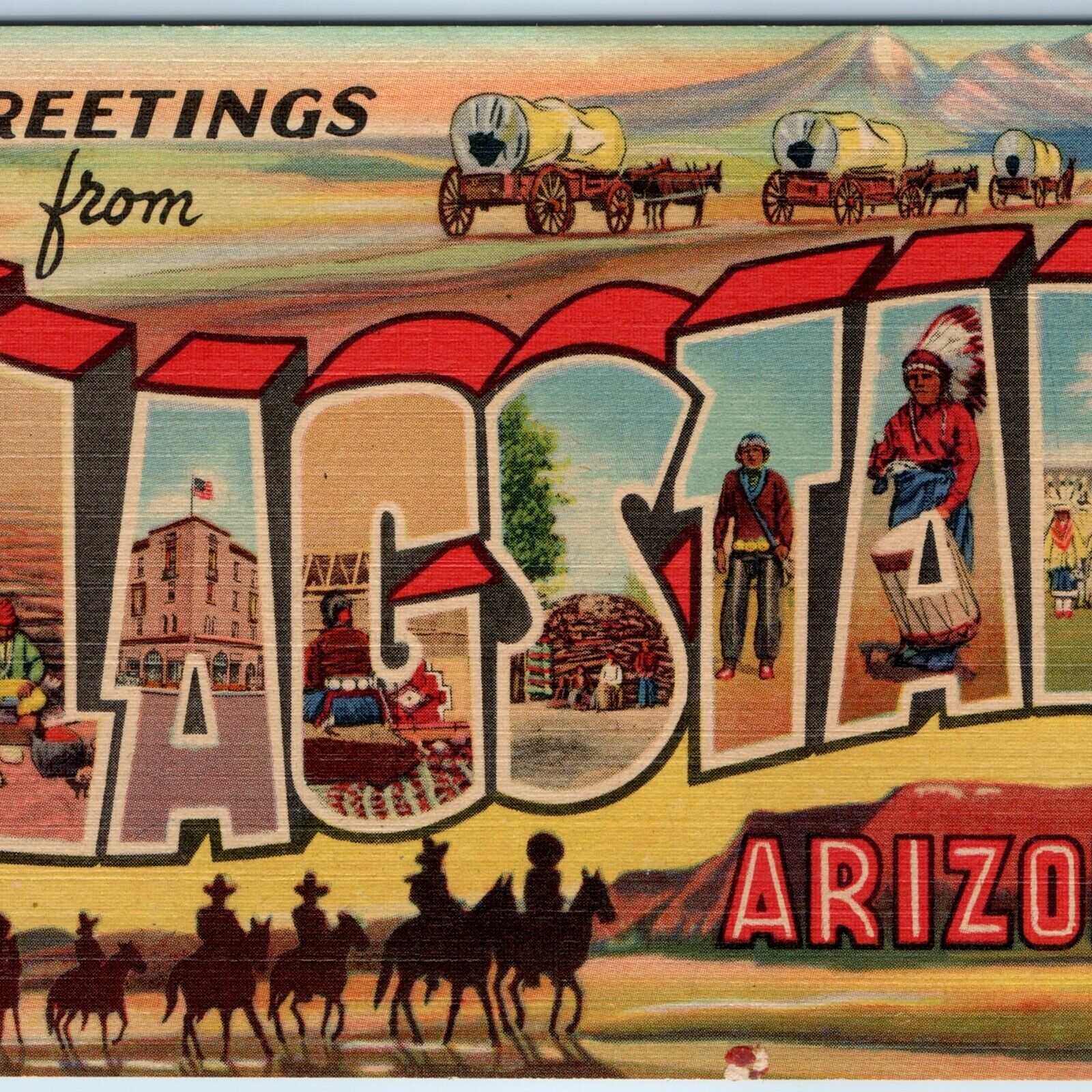 1937 Flagstaff, AZ Greetings Large Bubble Letter Art Linen Teich Postcard A244