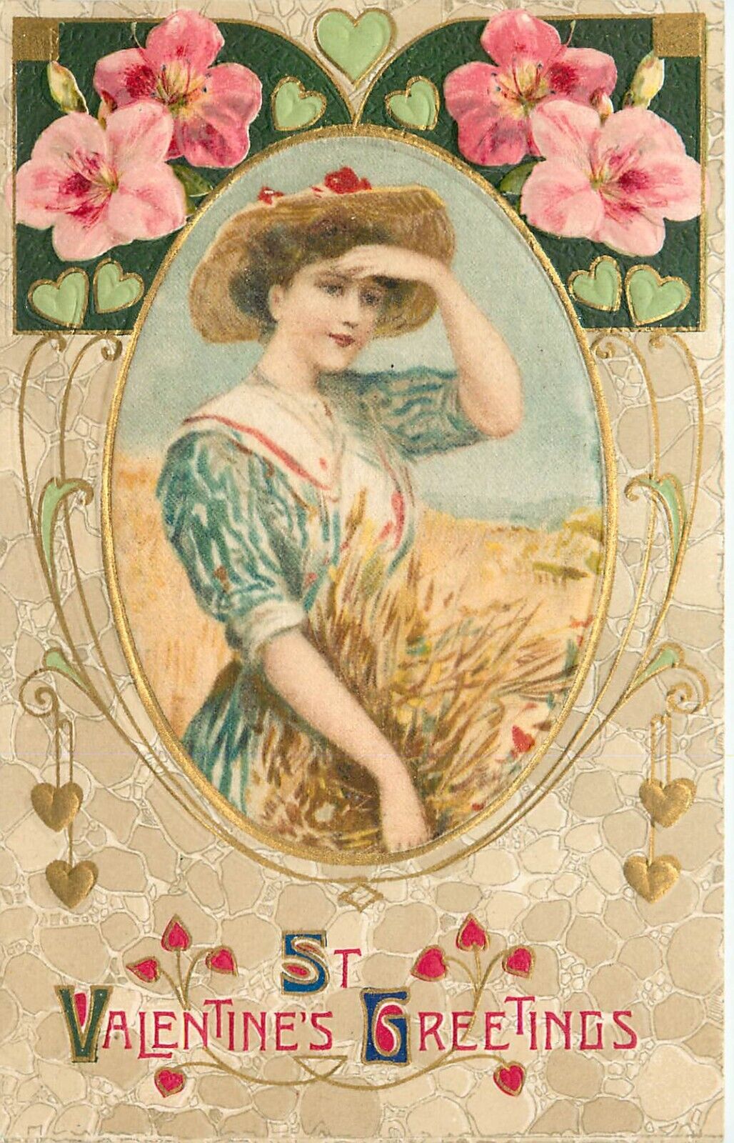 Winsch Schmucker Valentine Postcard Printed Silk Vignette, Lady in Wheat Field