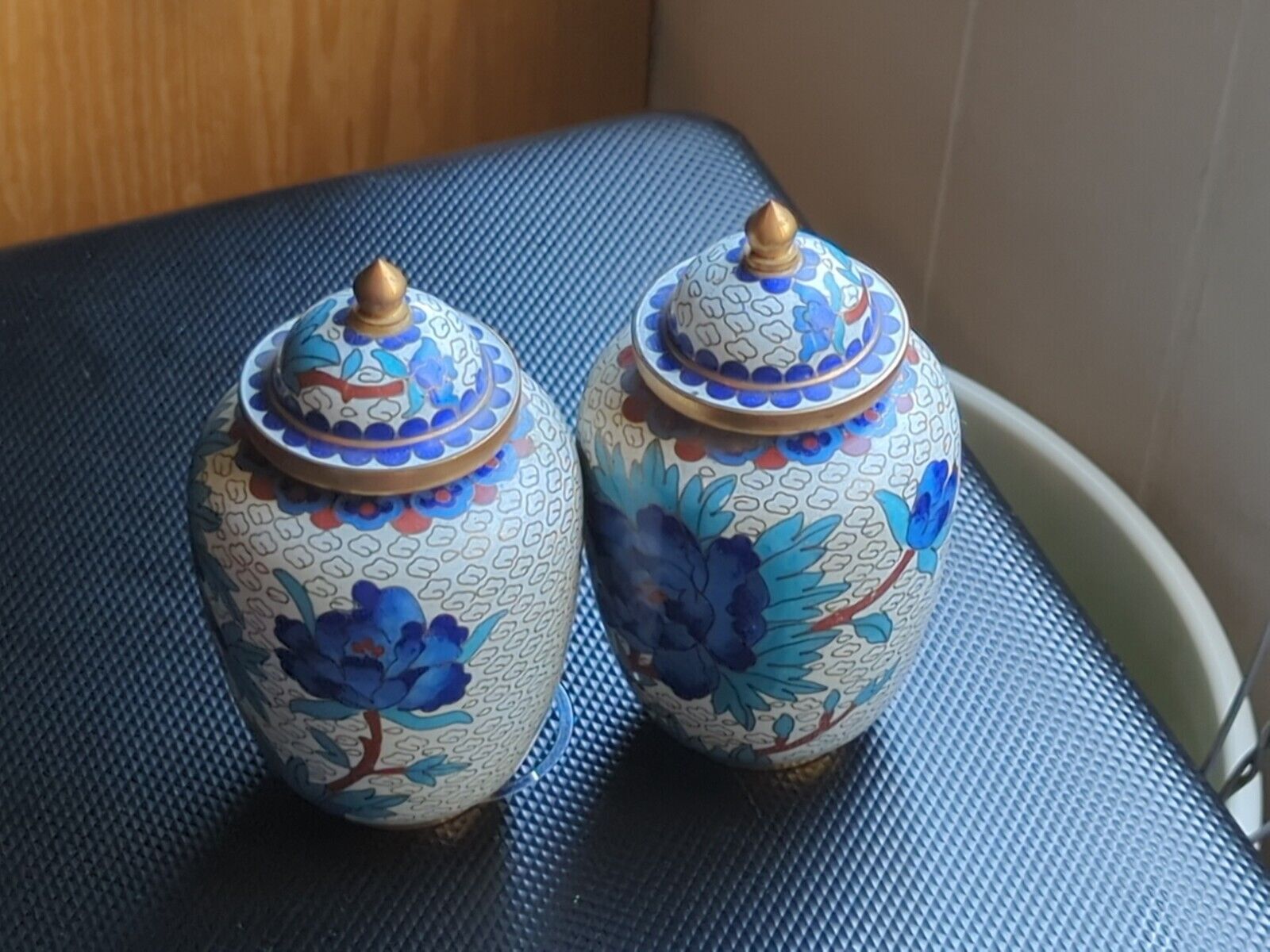 A Set Of Porcelain Vase Potiche Hand Painted Antique  - Gold Brass Trim