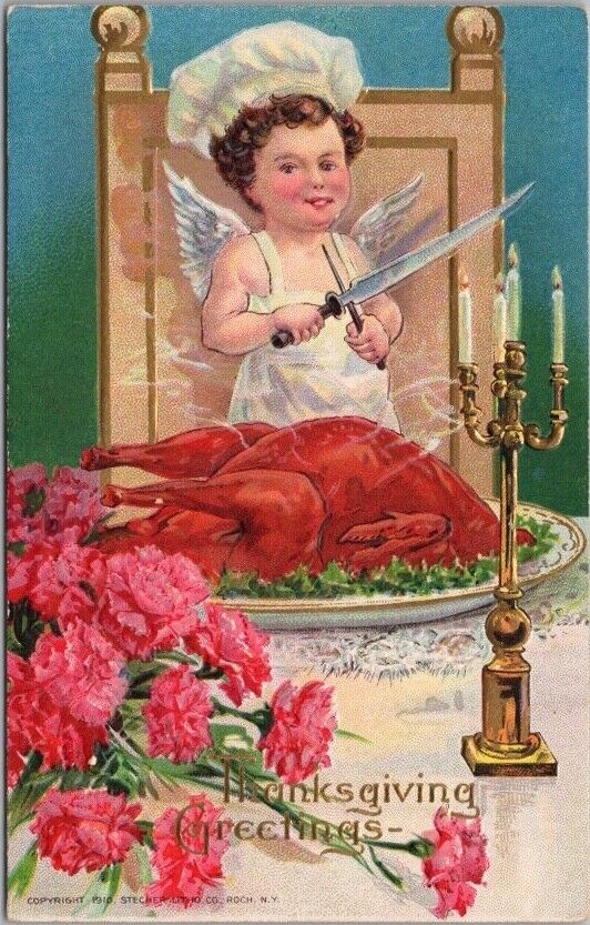 c1910s THANKSGIVING Embossed Postcard Angel Chef with Cooked Turkey - Unused