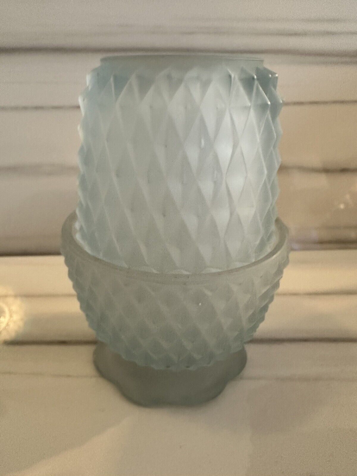Vintage Indiana Glass Fairy Lamp Frosted Satin Icy Blue Diamond Point Courting