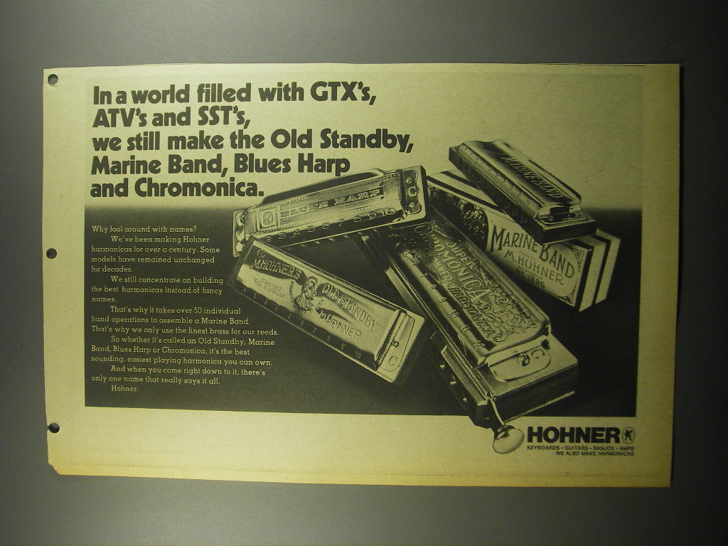 1974 Hohner Harmonicas Ad - Old Standby, Marine Band, Blues Harp and Chromonica