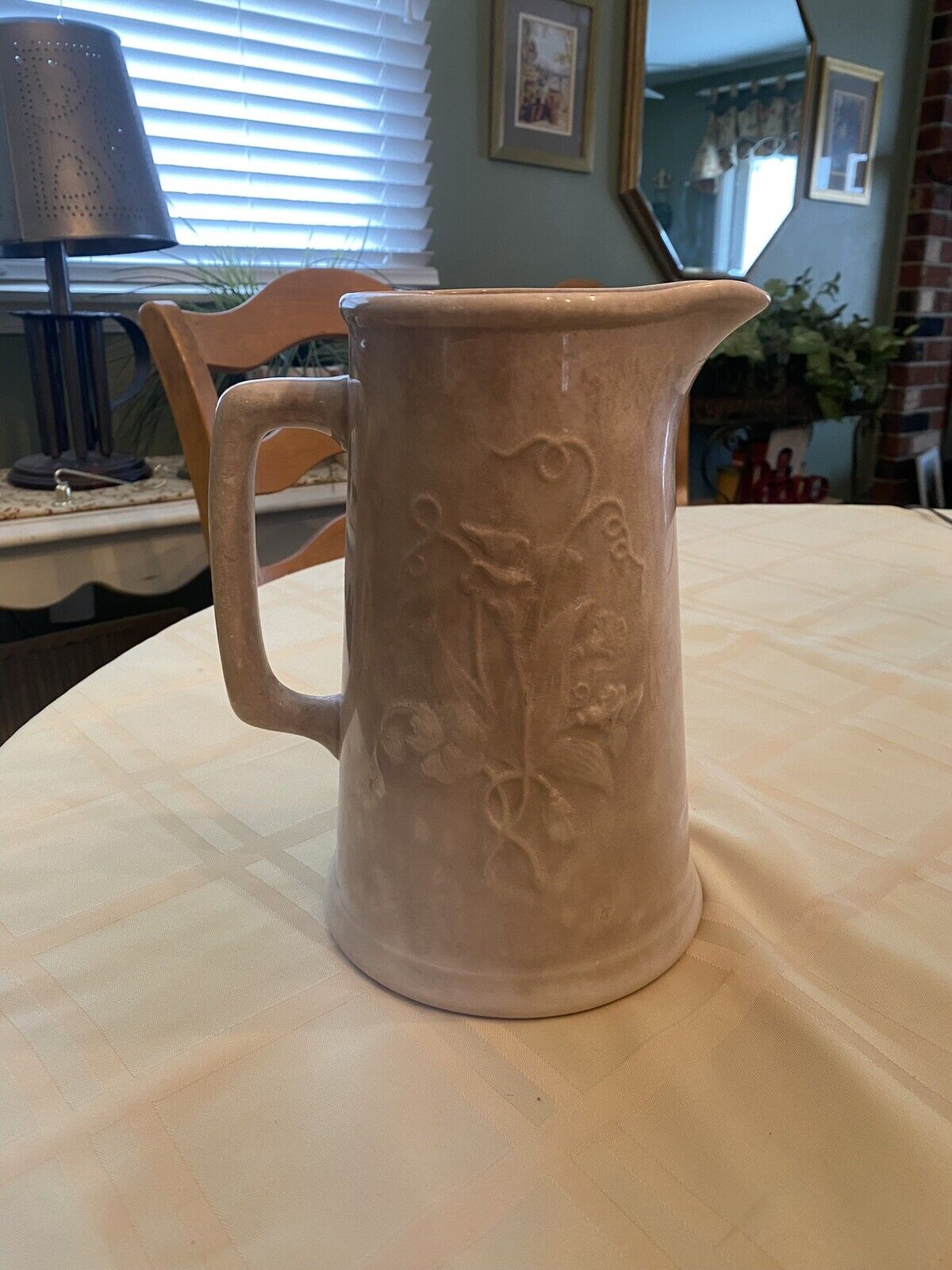 Antique White Ironstone Pitcher Stained Crazed Patina Farmhouse