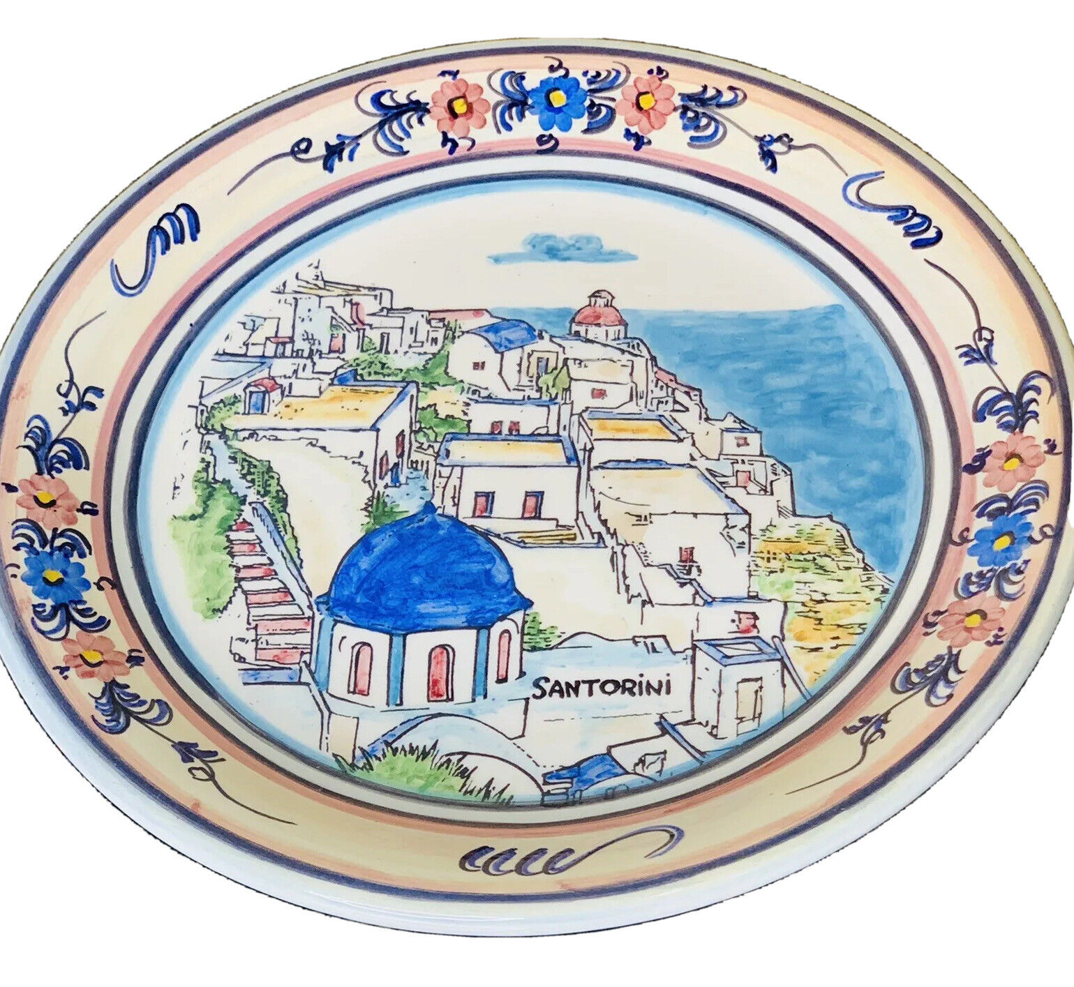 Vintage Santorini Greek Hand Made Round Multicolored Scene 8 1/2” Plate