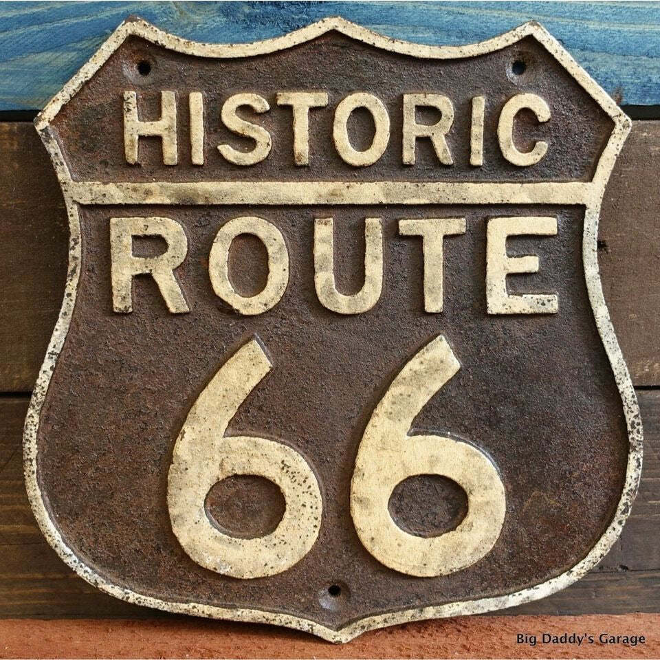 Route 66 Cast Iron Embossed Plaque With Painted Antique Finish (7.5