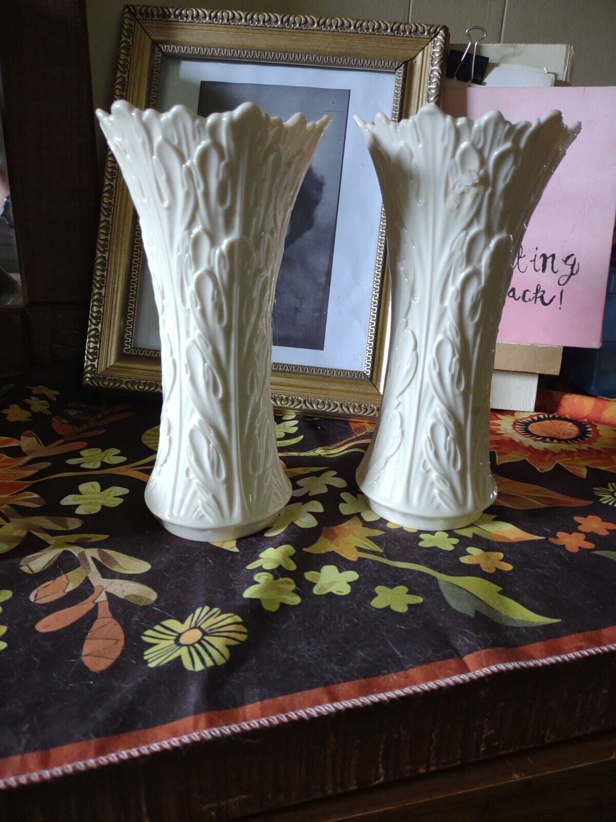 2 Lenox Ivory Woodland Porcelain Vases 8.5