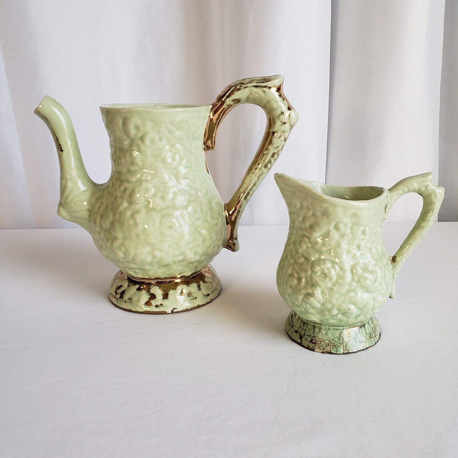 Vintage Green Ceramic Embossed Floral Teapot (missing lid) And Creamer