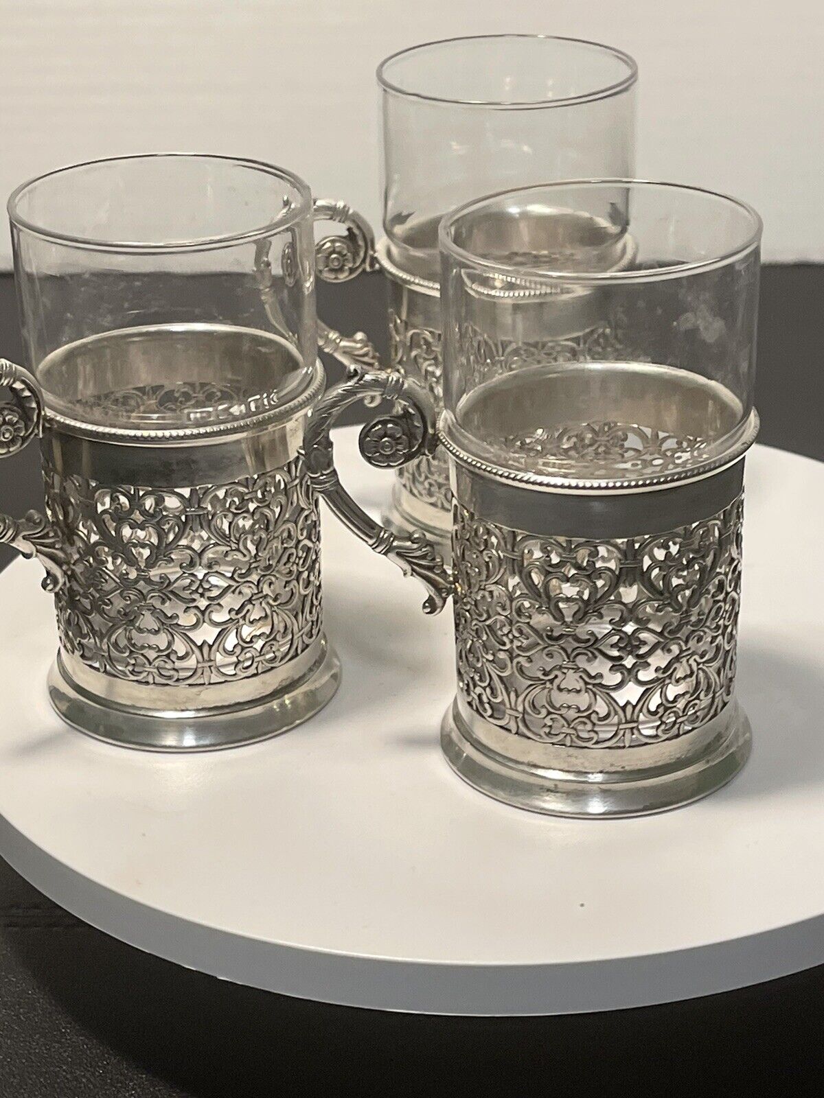 Vintage 1960’s 3 Glass Demitasse Espresso Cups Silver Plated Filigree Sleeves