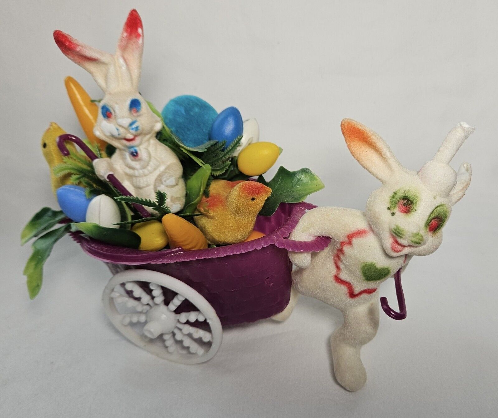 Vintage Flocked Easter Bunny Pulling Cart Rare