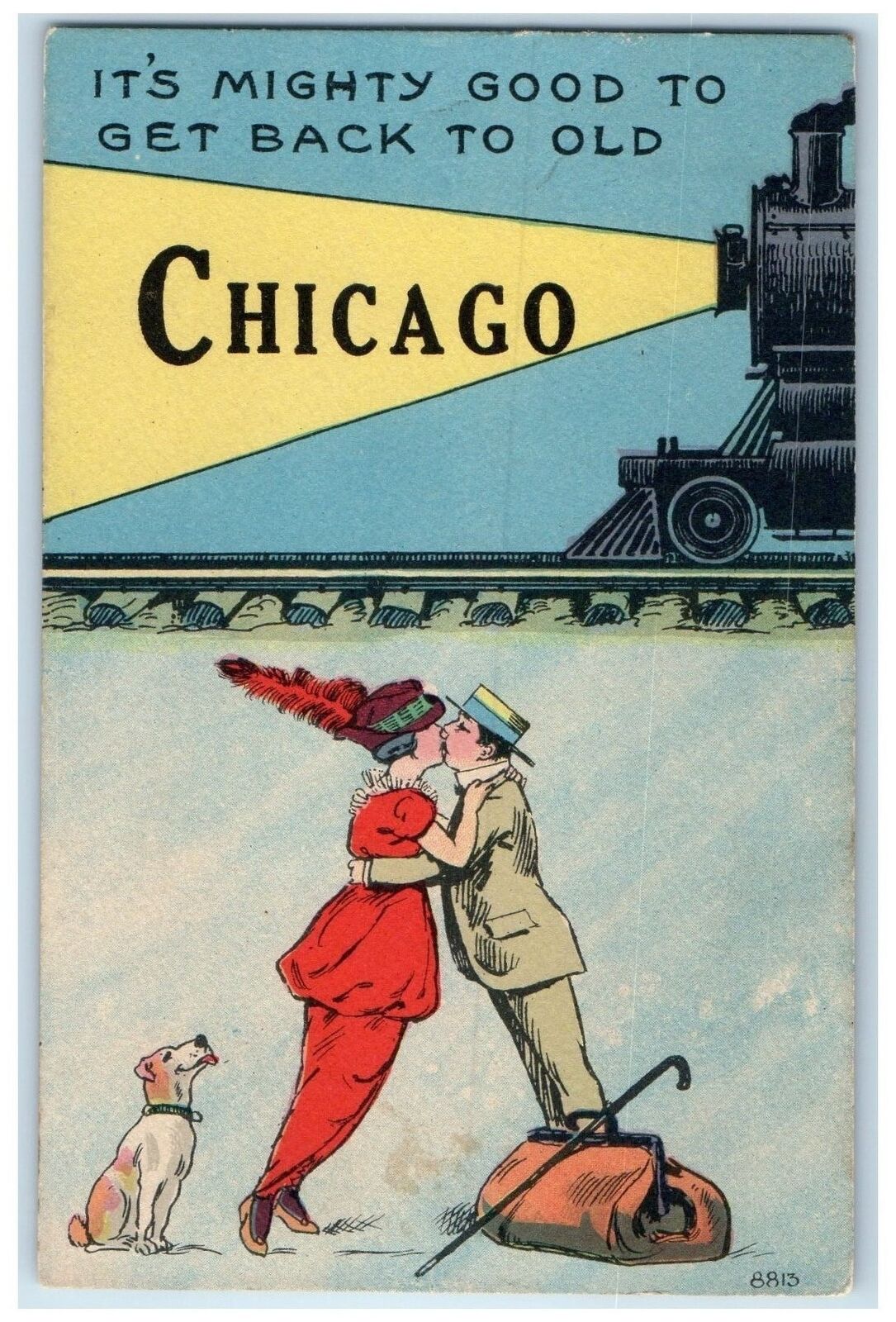 c1910s It's Mighty Good To Get Back To Chicago Illinois IL Train Light Postcard