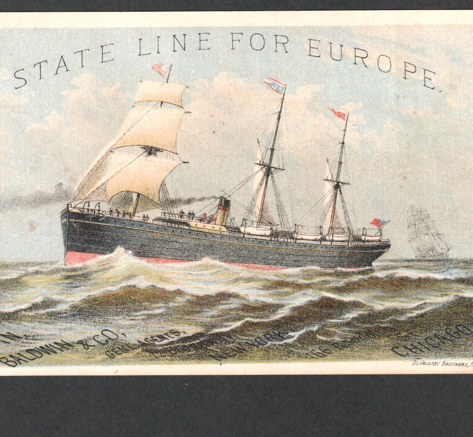 State Line for Europe New York Sea Ship 1800's Steamship Advertising Trade Card