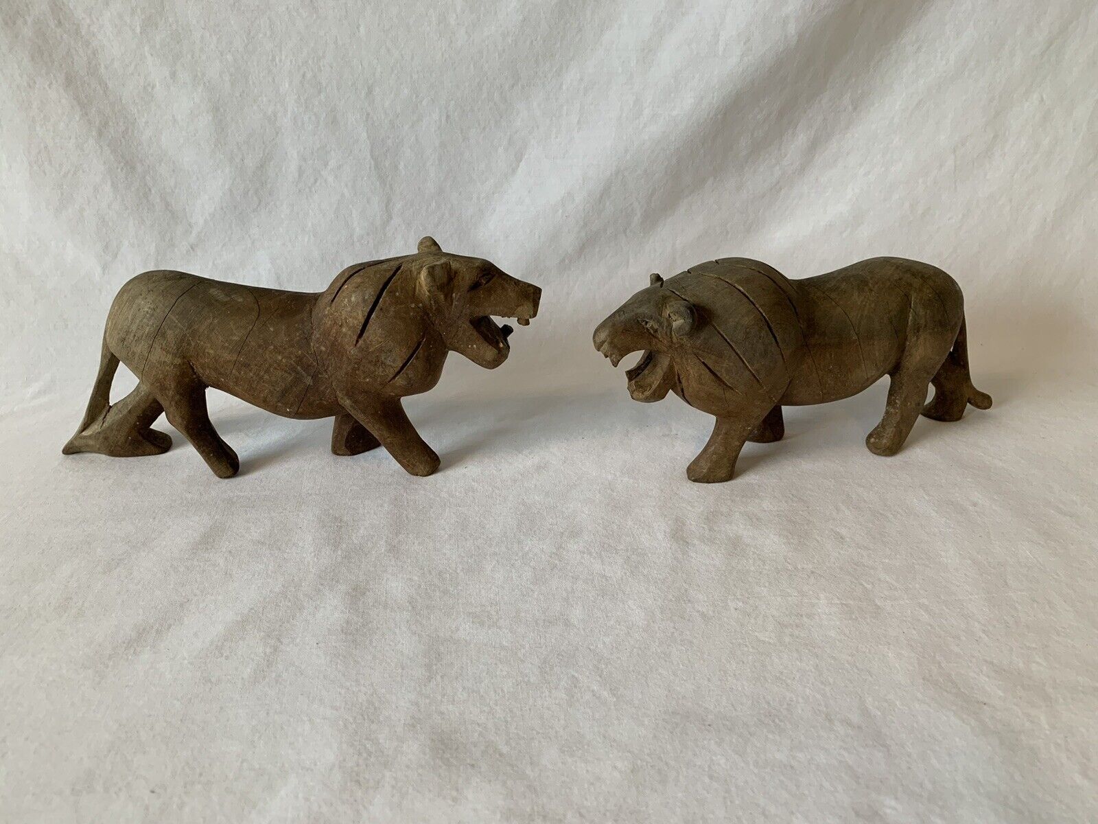 MCM Hand Carved Wood Roaring Lion pair vintage african safari