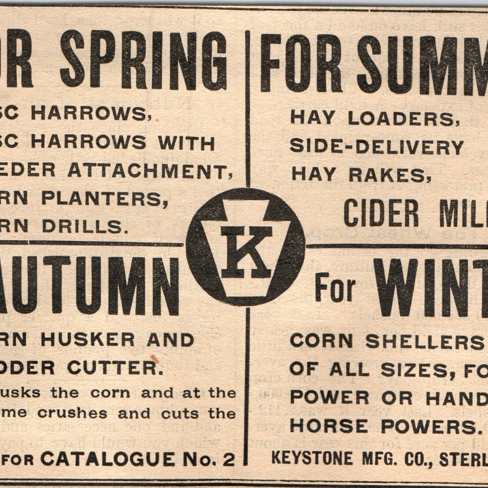 1890 Sterling, ILL Keystone Mfg. Co. Farm Implements Print Ad Corn Hay IL C37