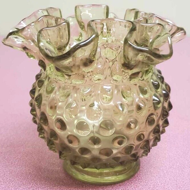 VINTAGE Green Hand Blown Hobnail w/ Ruffled Edge Art Glass Vase - Cadmium Glow