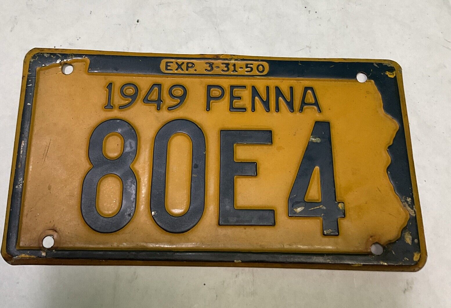 Vintage 1949 PENNA License Plate 80E4 EXP. 3-31-50 Yellow With Blue