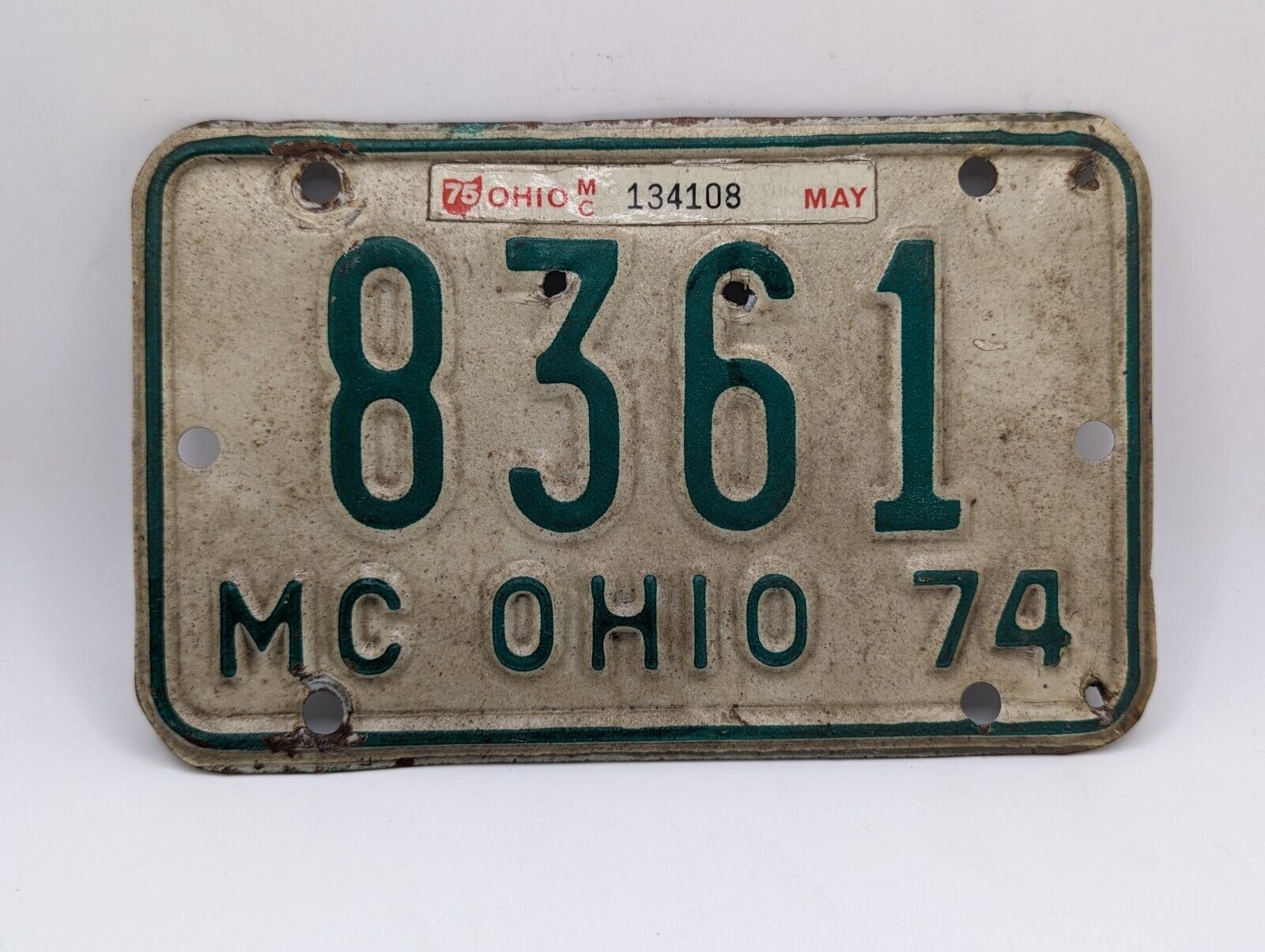 Vintage 1974 Ohio Motorcycle License Plate 8361 MC Americana