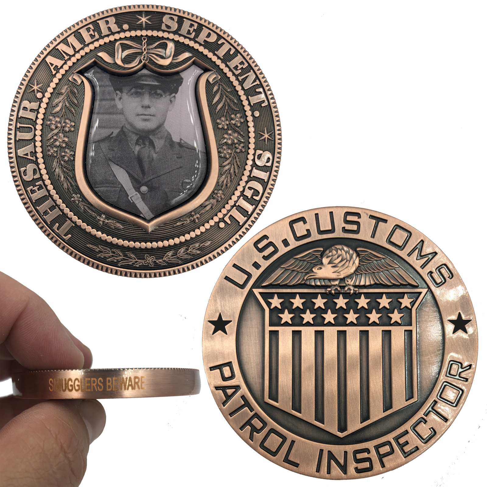 Smugglers Beware Vintage U.S. Customs Patrol Inspector Large Copper Challenge Co