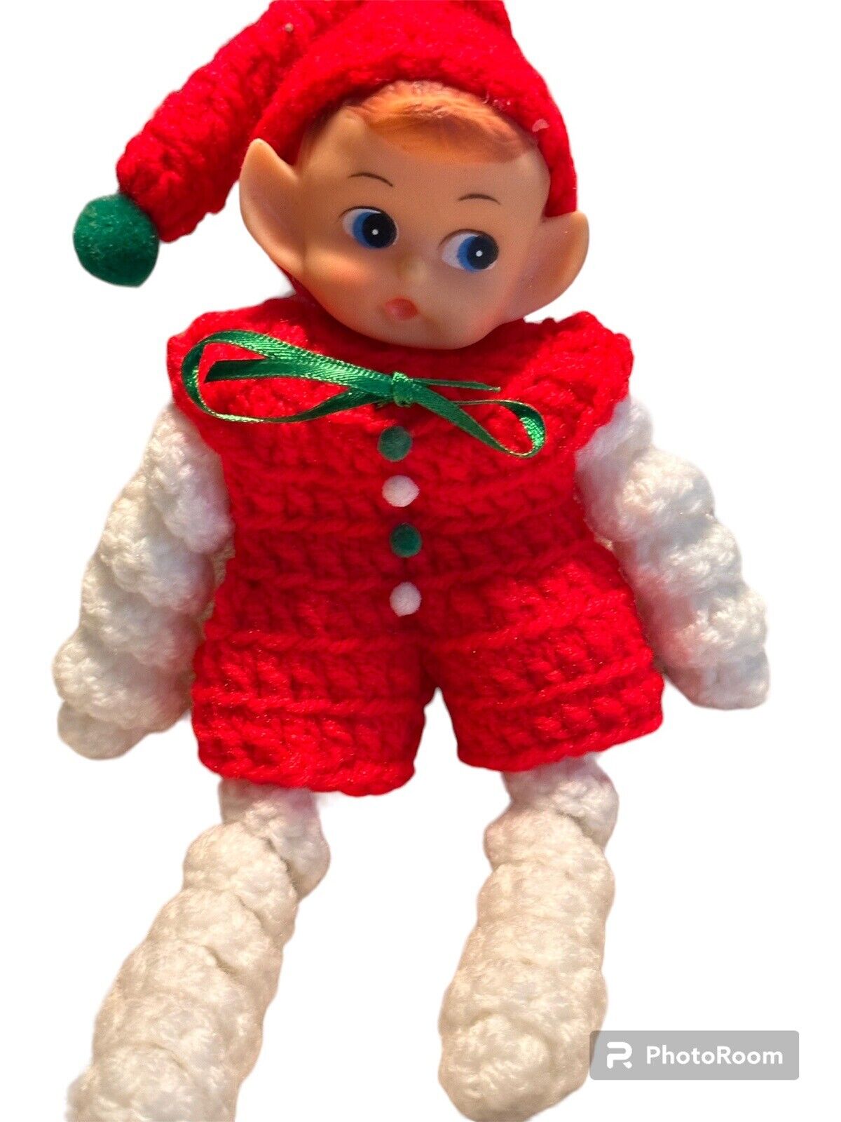VINTAGE Pixie Elf Christmas 9 inch Crocheted Handmade Rubber Face Corkscrew