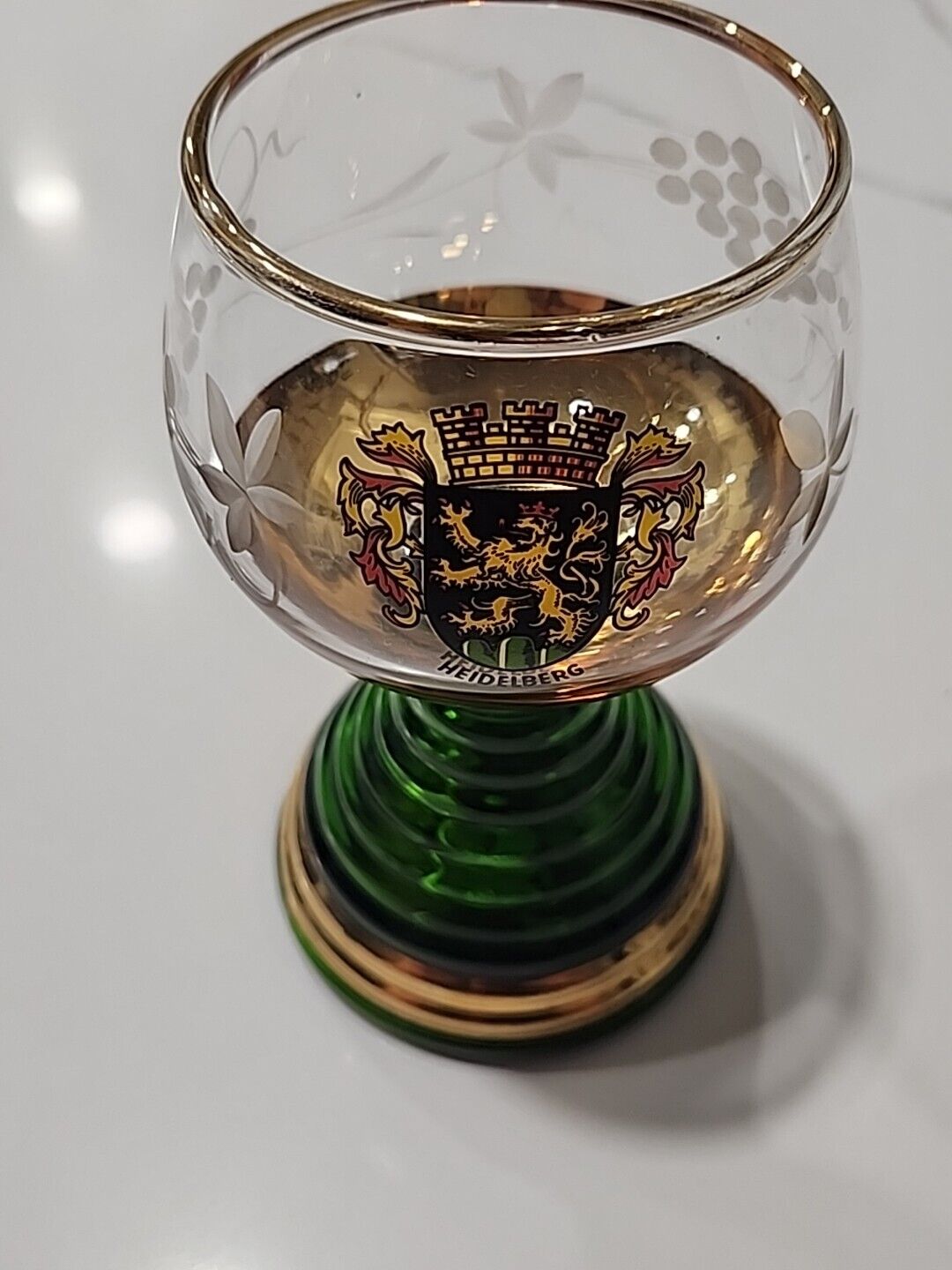Vintage HEIDELBERG GERMANY Large MUSICAL GREEN Goblet Gold Stem