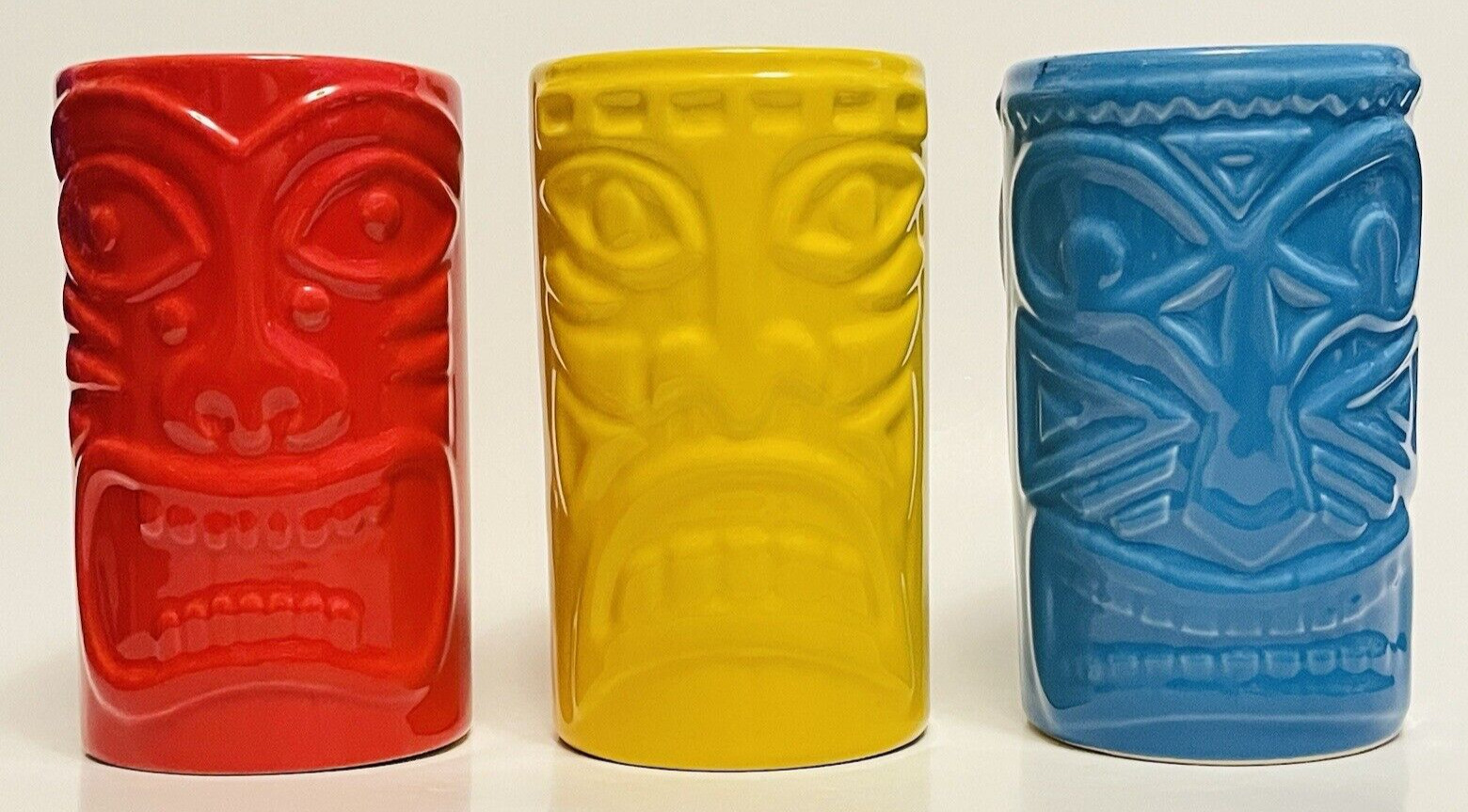 3 Tiki Stoneware Mugs by Nature\'s Home Red Yellow Blue 5 1/2\