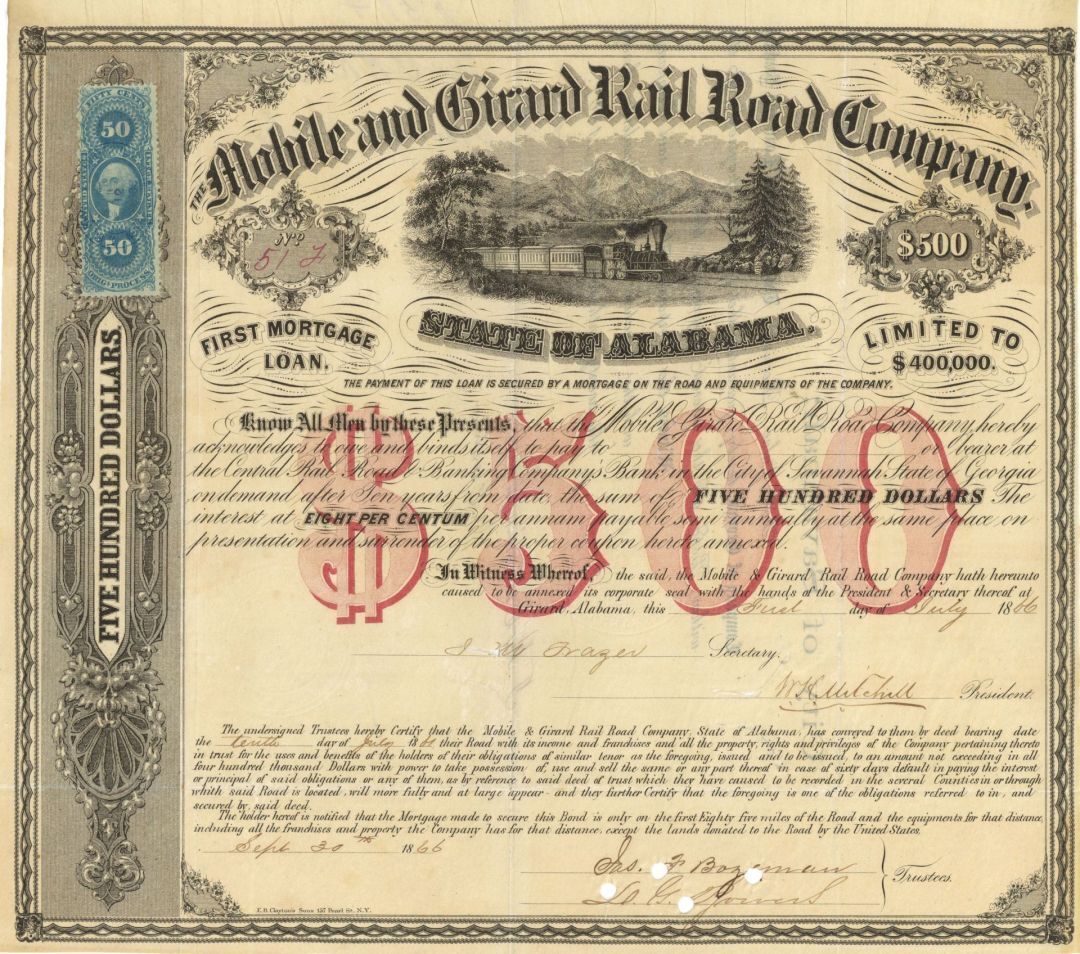 Mobile and Girard Railroad - 1860\'s dated $500 Railway Bond - Great Early Graphi