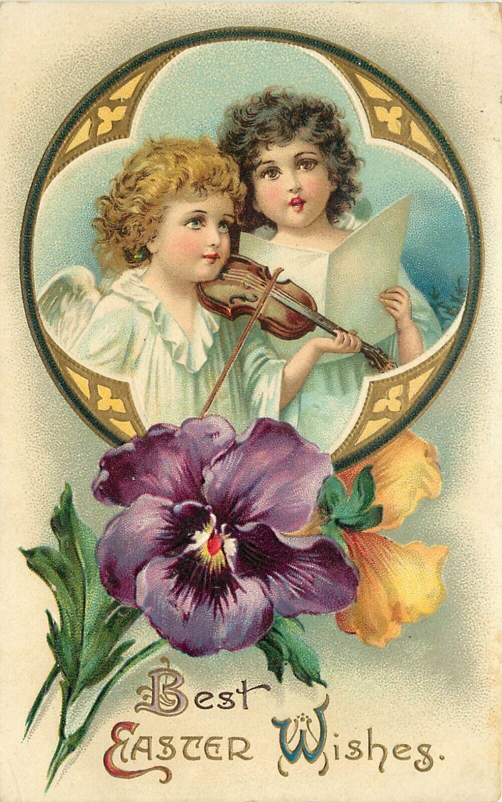 Embossed Easter Greetings Postcard Beautiful Angel Children Violin Sheet Music