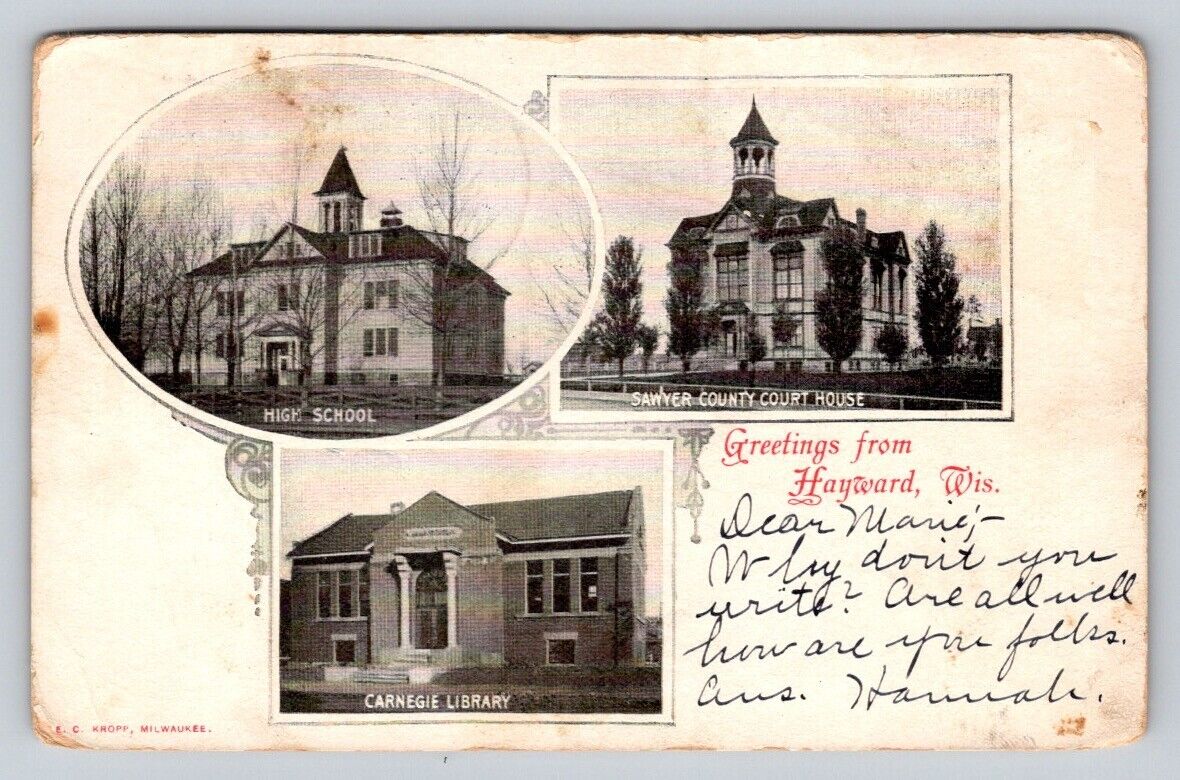 c1905 Greetings High School Carnegie Library Court House Hayward Wisconsin P625