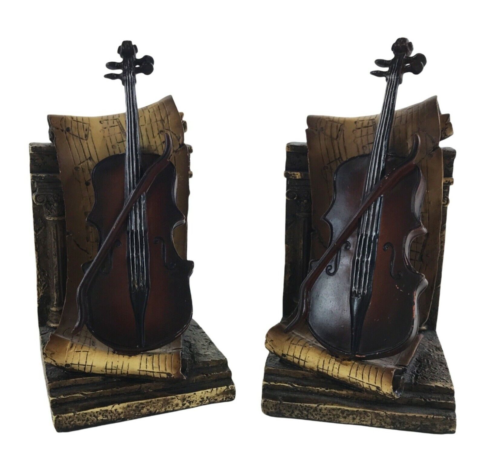 Bookends Vintage Violin Sheet Music Book Holders Sculpture Heavy 3.5 Pounds Each