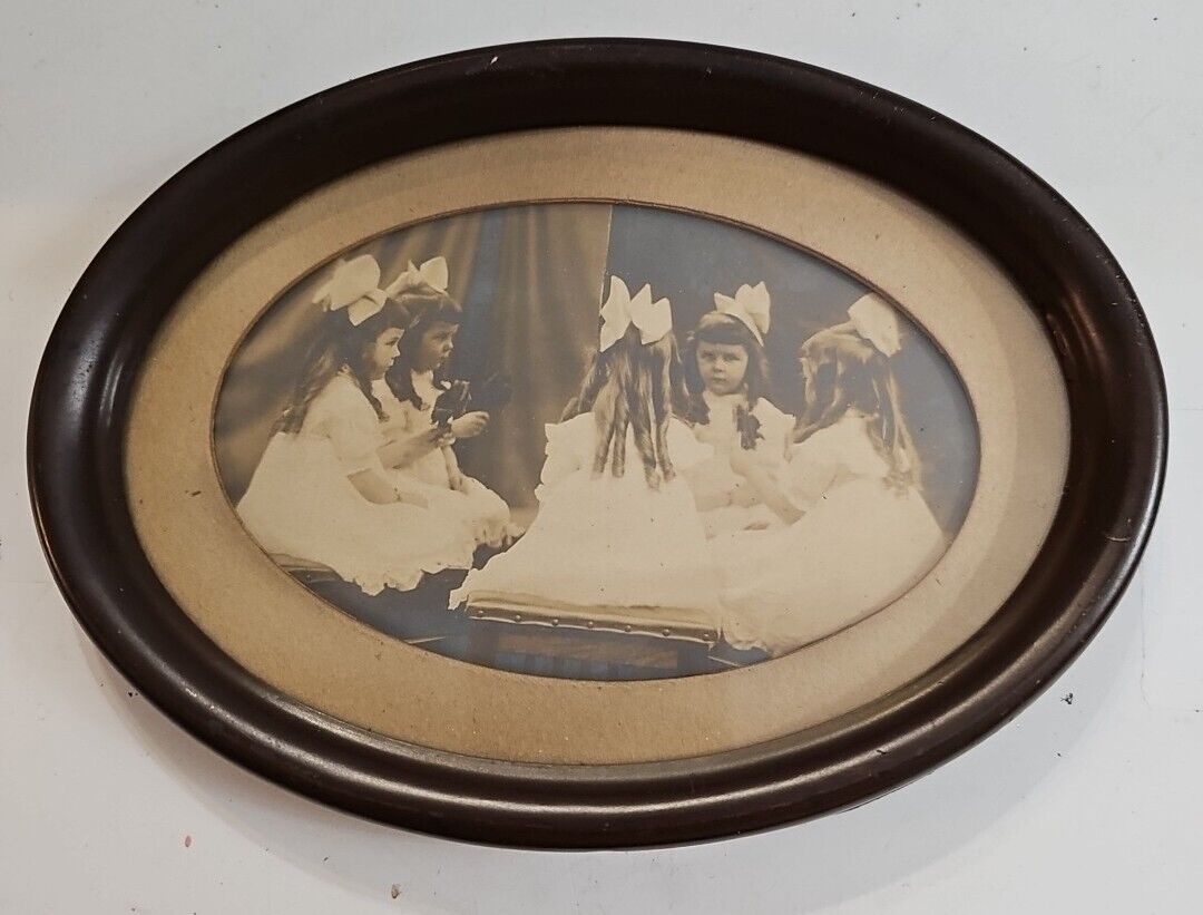 Vintage Real Picture postcard 5 Girls White Dress Quintuplets Sitting Framed