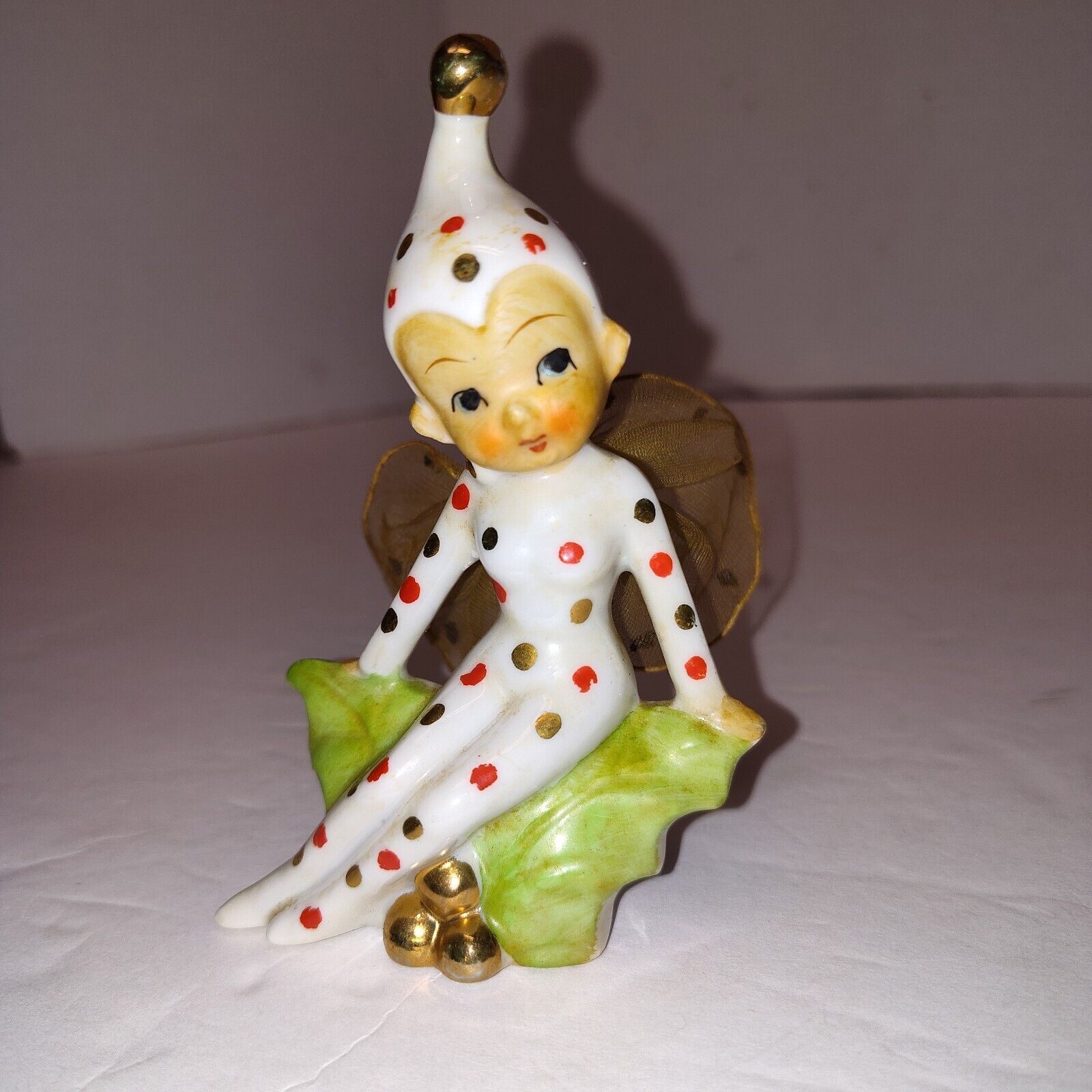 Vintage Polka Dot Pixie Elf Fairy Sitting Holly Leaf Christmas Japan Fairycore