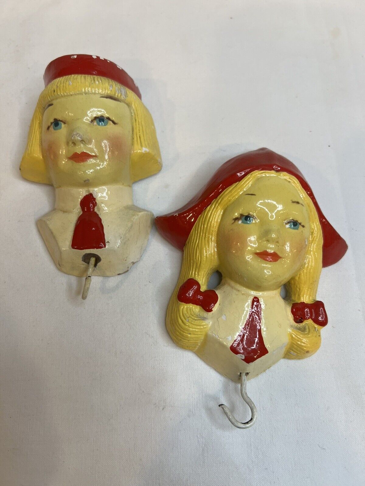 Vintage Chalkware Wall Hanging Dutch Girl and Boy with Hooks RARE