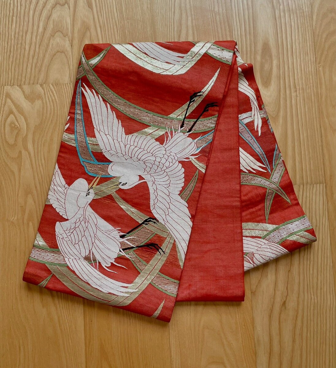 Vintage Japanese Kimono Obi Summer Fukuroobi/Orange/Woven Crane Pattern