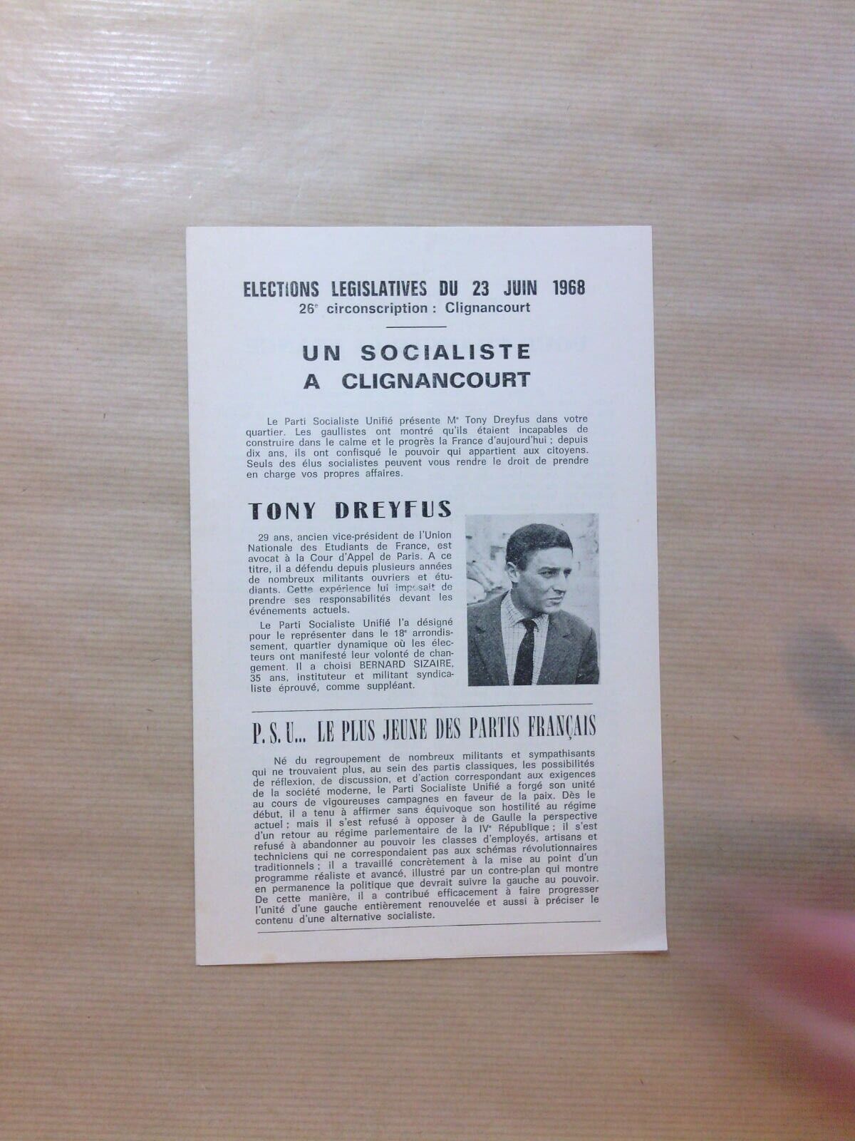 RARE LEGISLATIVE TRACT JUNE 1968 / TONY DREYFUS, A SOCIALIST A BLIGNACOURT