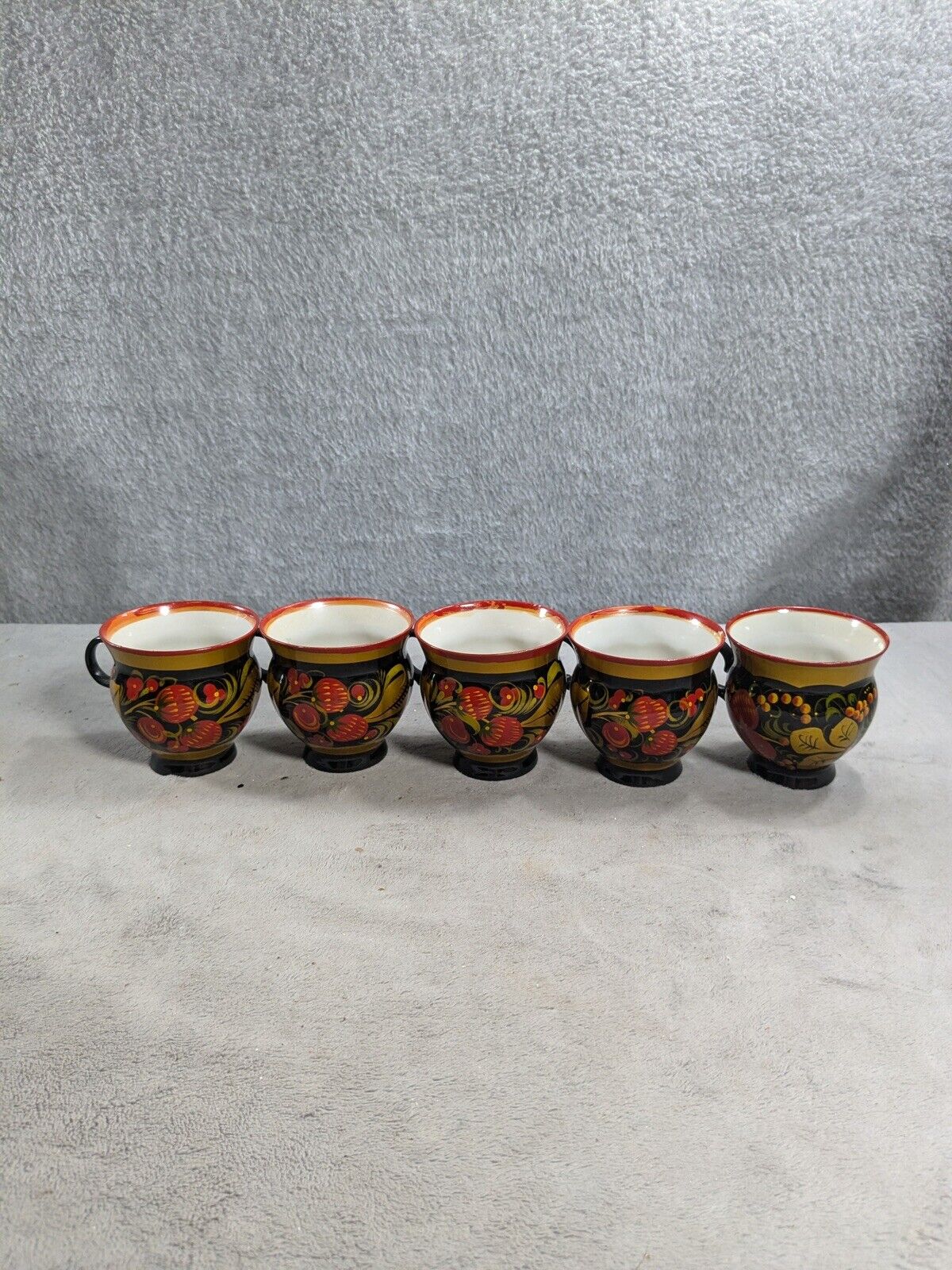 Lot Of 5 Russian Khokhloma Tea Cups 3” Tall Black And Red Floral Design