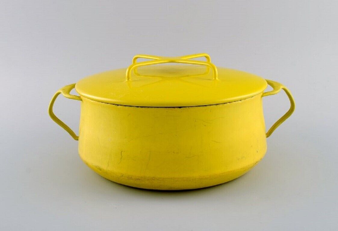 Jens H. Quistgaard (1919-2008), Denmark. Lidded pot in bright yellow enamel.