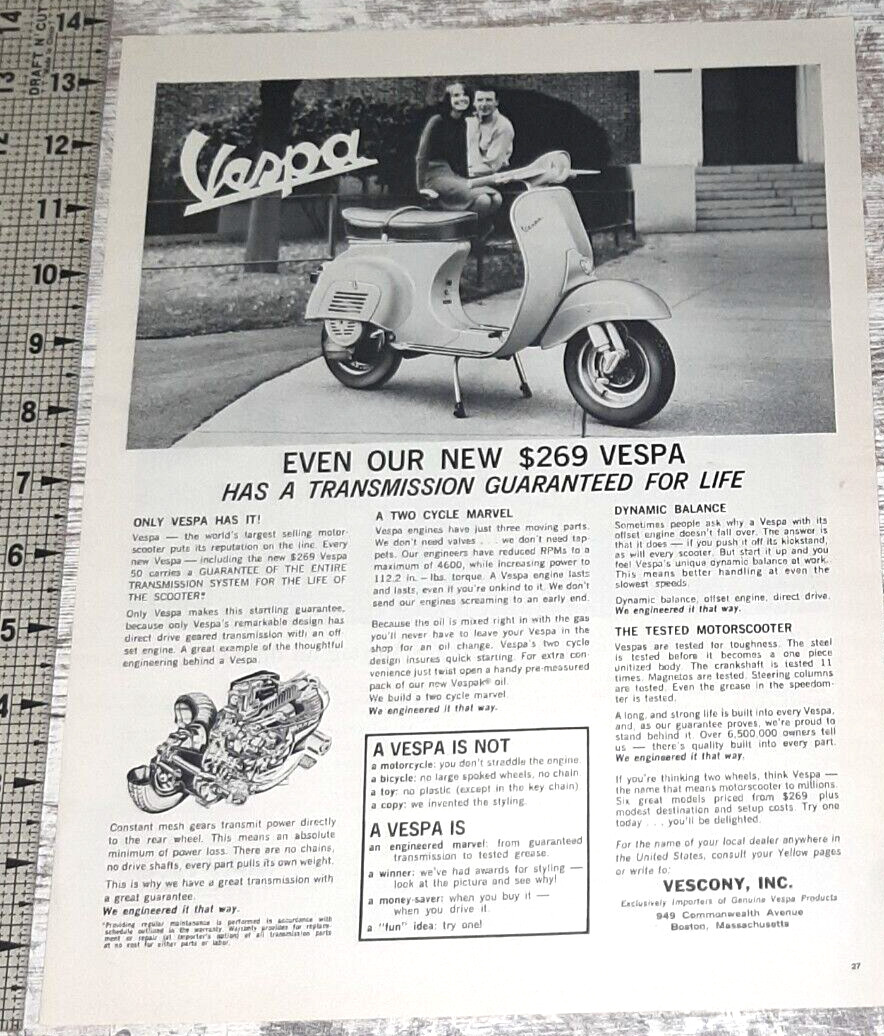 1964 Vespa Vintage Print Ad Scooter Motorbike Man Woman Two Cycle Italian B&W