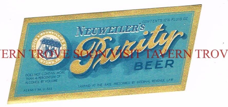 Unused 1930s U-Permit Neuweiler\'s Purity Beer label Tavern Trove Pennsylvania