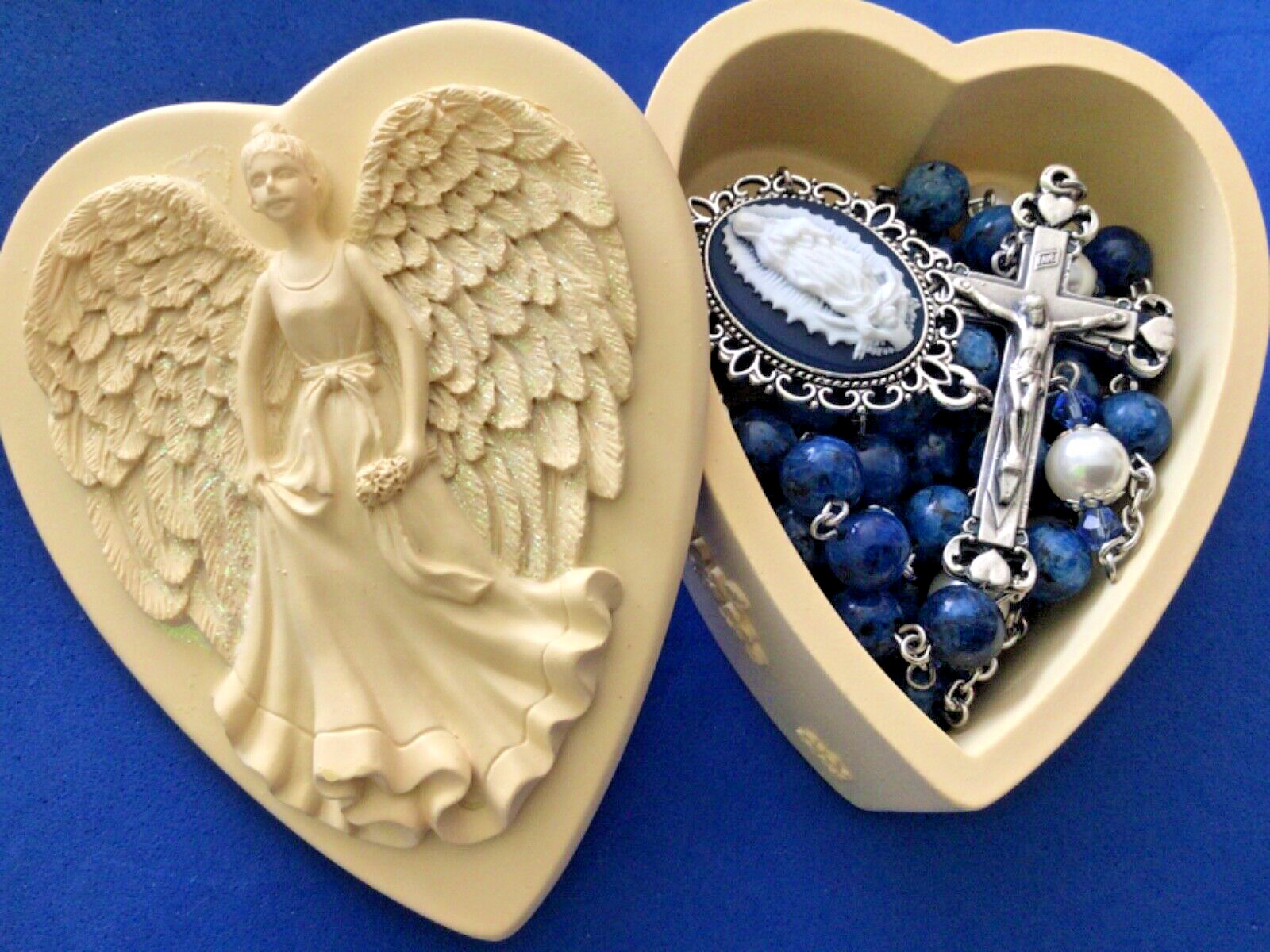 Lapis Jade, Pearl, Crystal Our Lady GUADALUPE Rosary with Rosary Angel Box 8mm
