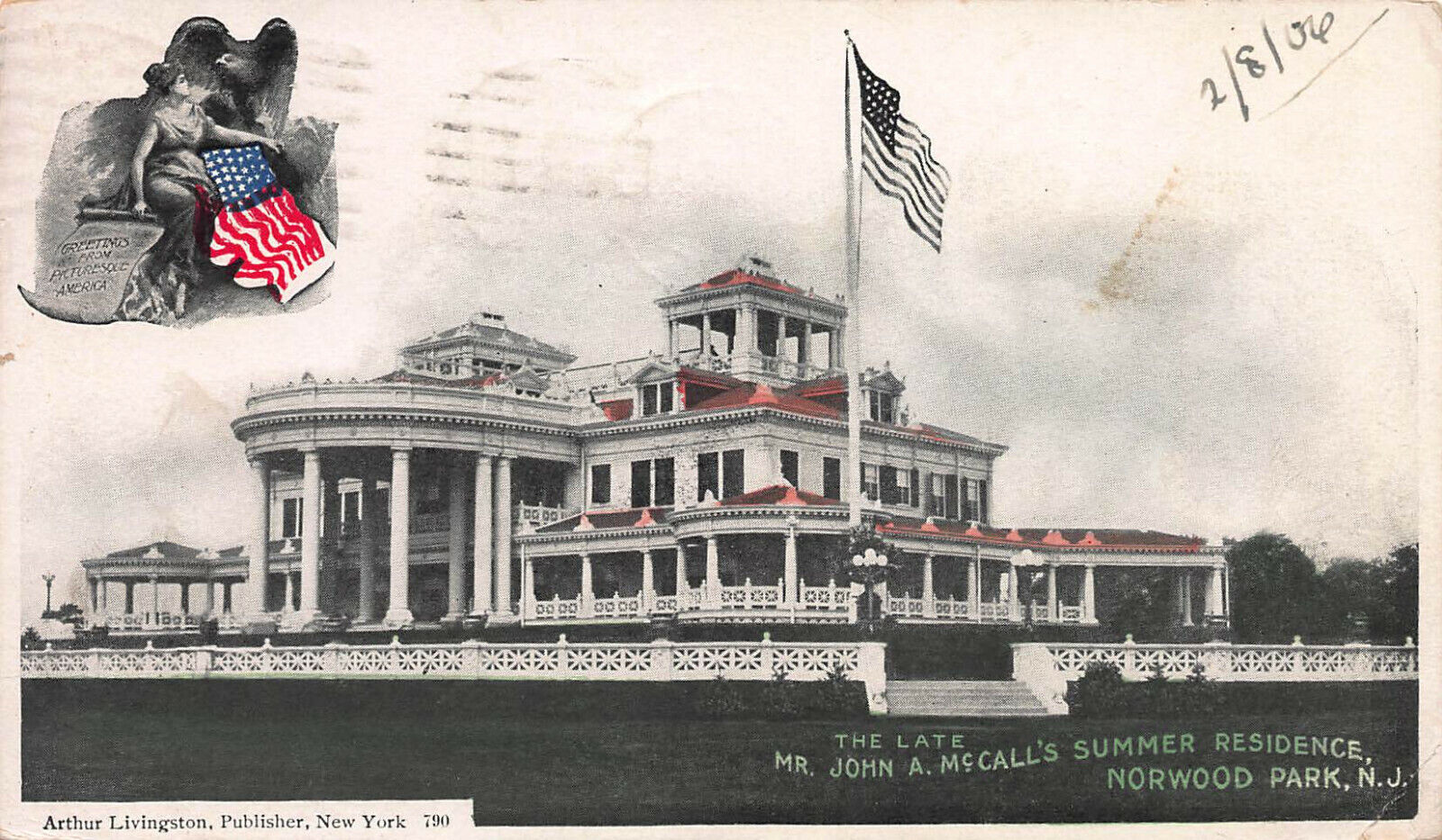 John McCall's Summer Residence, Norwood Park, N.J., Postcard, Used in 1906